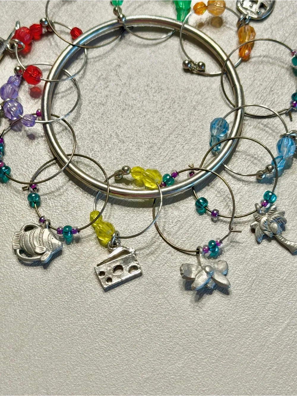 Vintage Wine Glass Charms Set with Multicolor Beads & 2 Wine Bottle Toppers